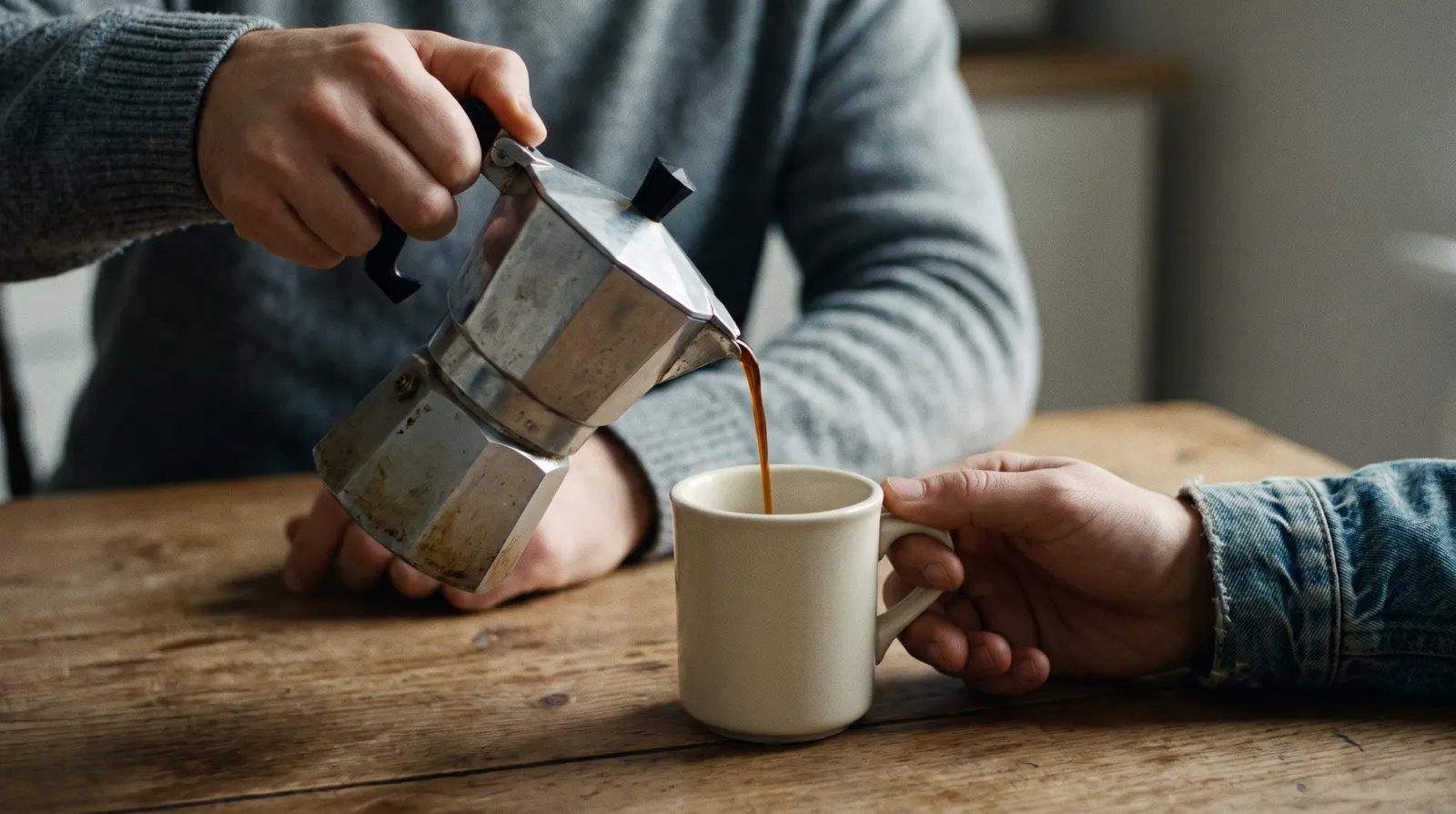 Una persona sirve café de una cafetera italiana en el tazón que otra le acerca, sobre una mesa de madera